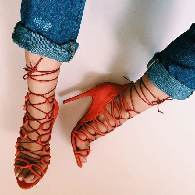 Women's Orange Lace up Stiletto Heels Strappy Sandals |FSJ Shoes