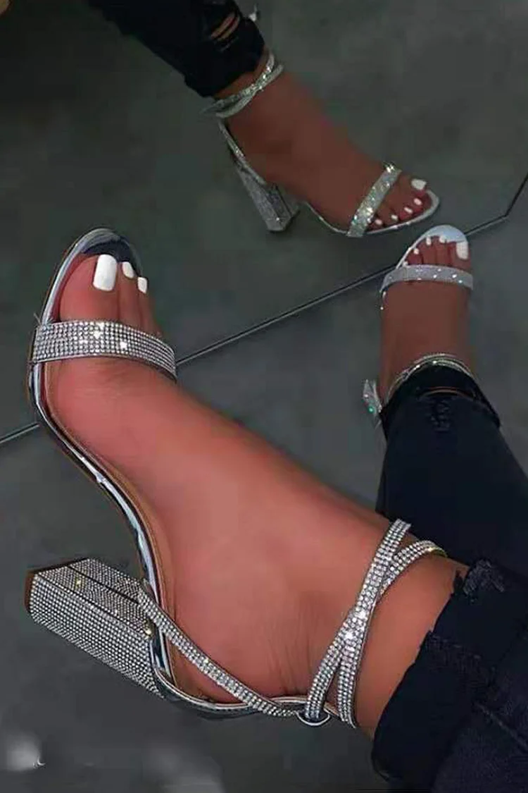 Party Rhinestone Ankle Strap Buckle Peep Toe Chunky Heel Pumps