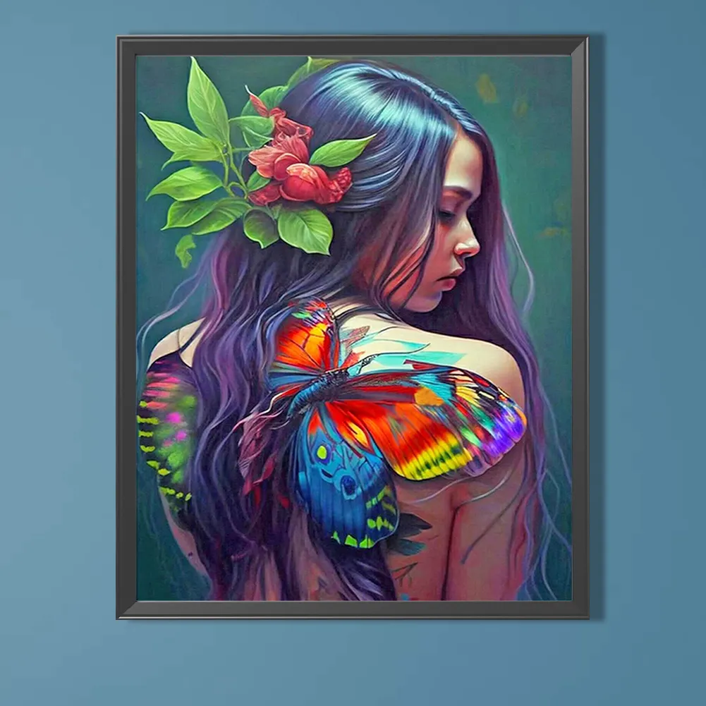 Full Round Diamond Painting 40*50cm - Girl With Butterfly Painting On Back