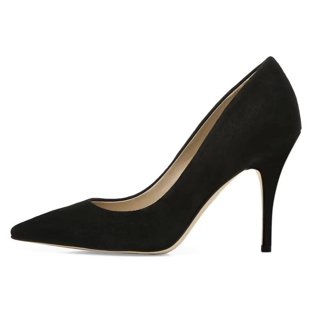 Black Vegan Suede Pointed Toe Office Pumps Shoes with Stiletto Heels