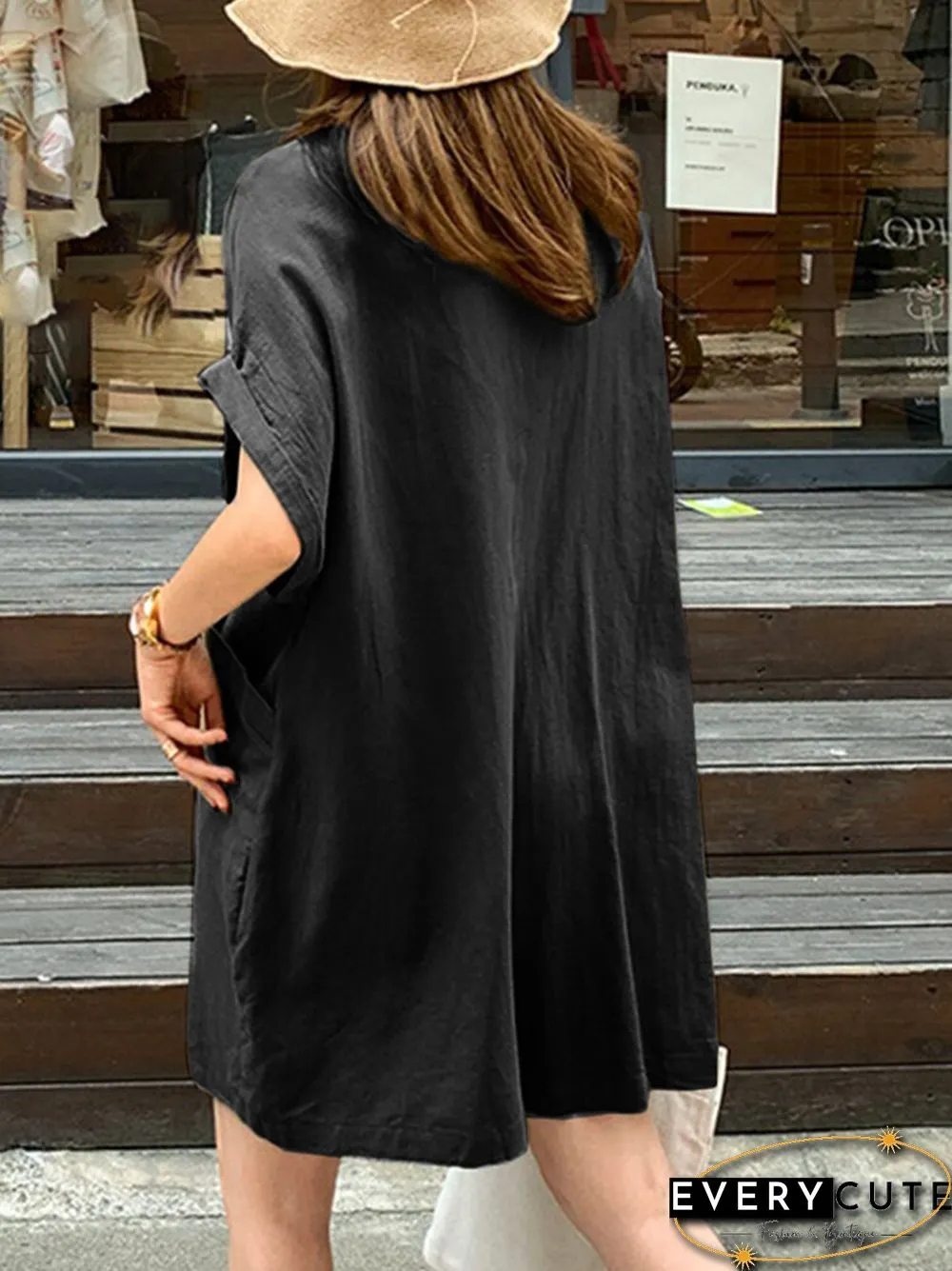 Solid Loose Pocket Button Lapel Short Sleeve Romper