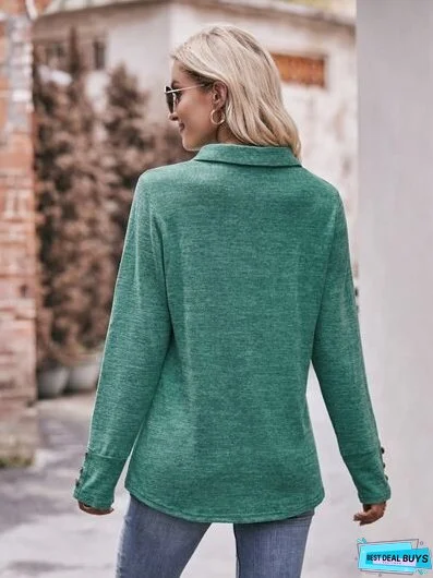 Decorative Button Johnny Collar Long Sleeve Blouse