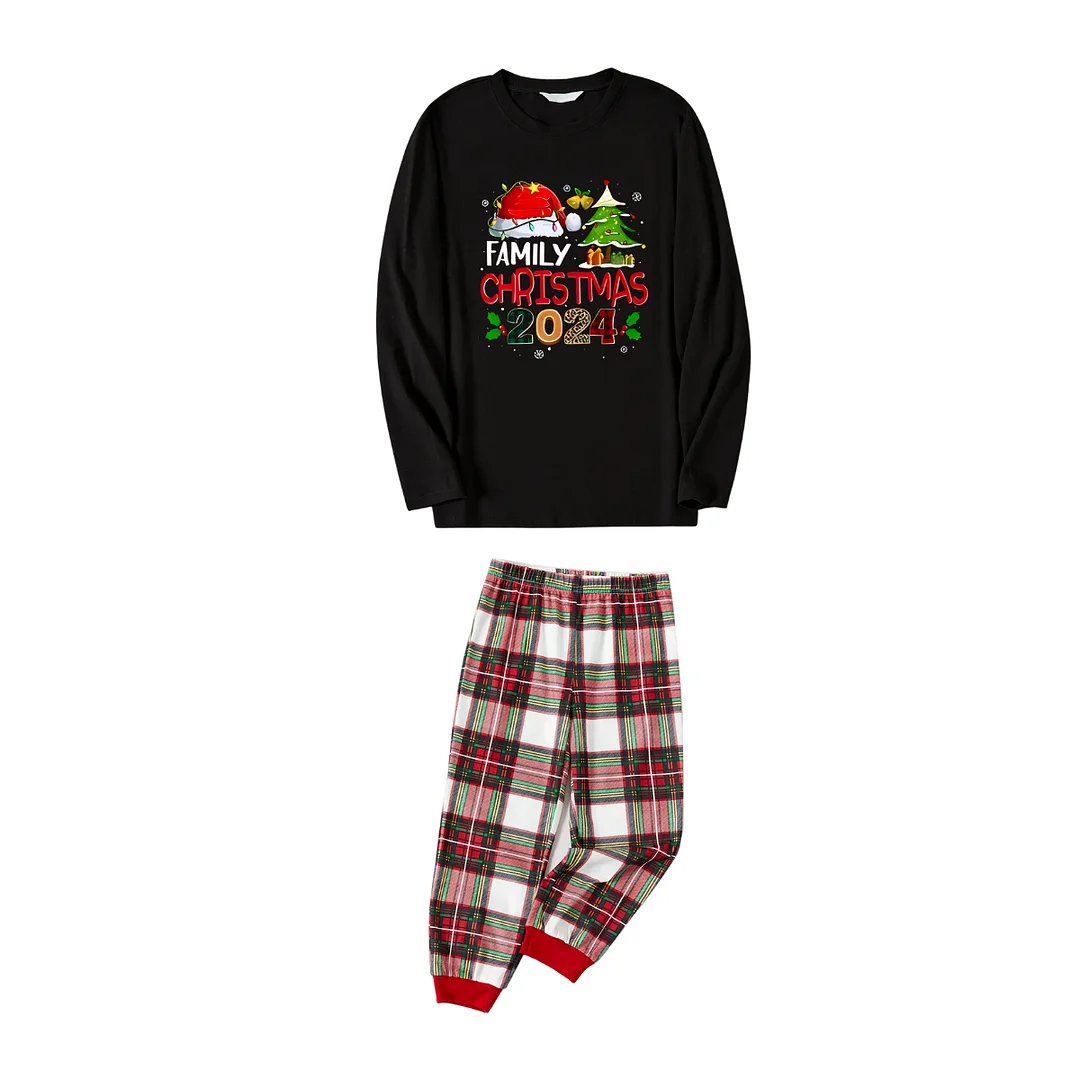 "Family Christmas 2024" with Santa Hat and Christmas Tree Pattern Black Top with Red & White & Green Plaid Pants Family Matching Pajamas