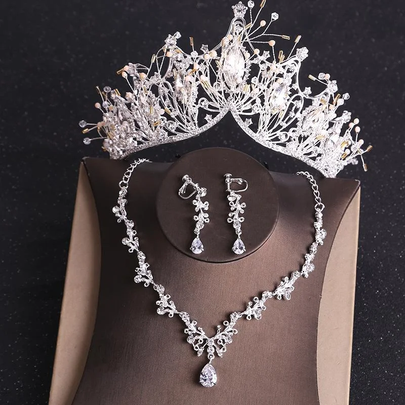 Rhinestone Crystal Gold Tiara Crown Wedding Bride Luxury Jewelry Set