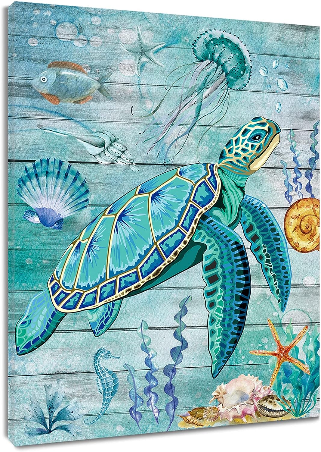 HVEST Sea Turtle Wall Art for Living Room, Tropical Fish Coral Shell and Jellyfish on Rustic Vintage Wood Canvas Wall Art Decor Framed Abstract Painting Ready to Hang for Bathroom Bedroom, 12X16 inch 12&#034; X 16&#034;