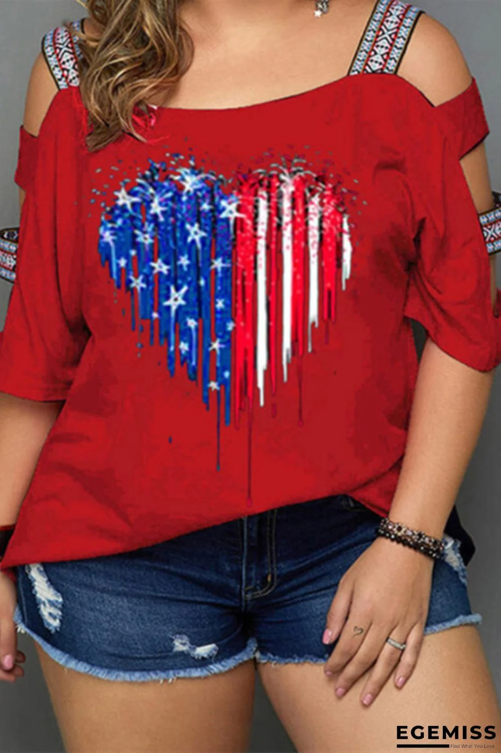 Red Blue Fashion Casual Print Hollowed Out O Neck Plus Size Tops | EGEMISS