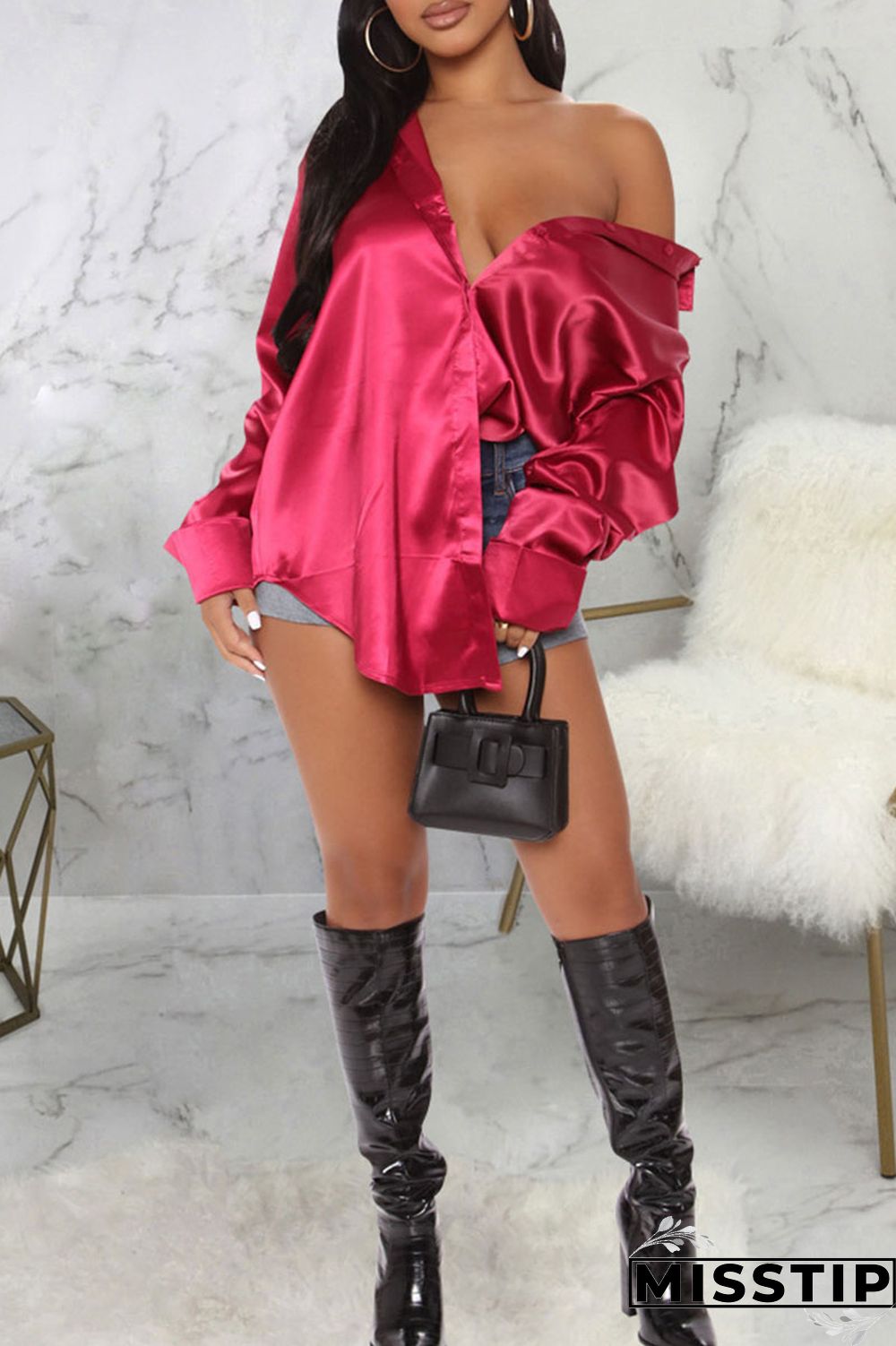 Black Casual Solid Patchwork Buckle Turndown Collar Tops