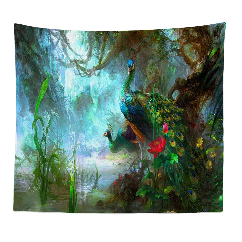 Sdrawing Forest Bird Peacock Couple Tapestry Home Bedroom Living Room Background Wall Decoration