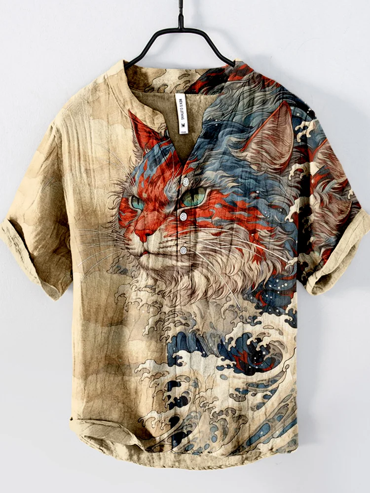 Japanese Great Wave Inspired Mysterious Cat Art Cozy Linen Blend Shirt