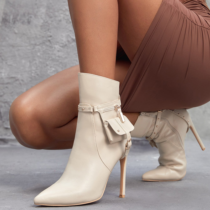 GOOSHOE Beige Buckle Ankle Boots With Stiletto Heels