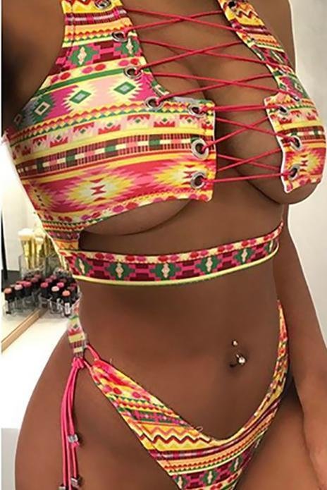 Pink Yellow Strappy Tribal Print Side Tie High Cut Cheeky Two Piece Swimsuit-elleschic