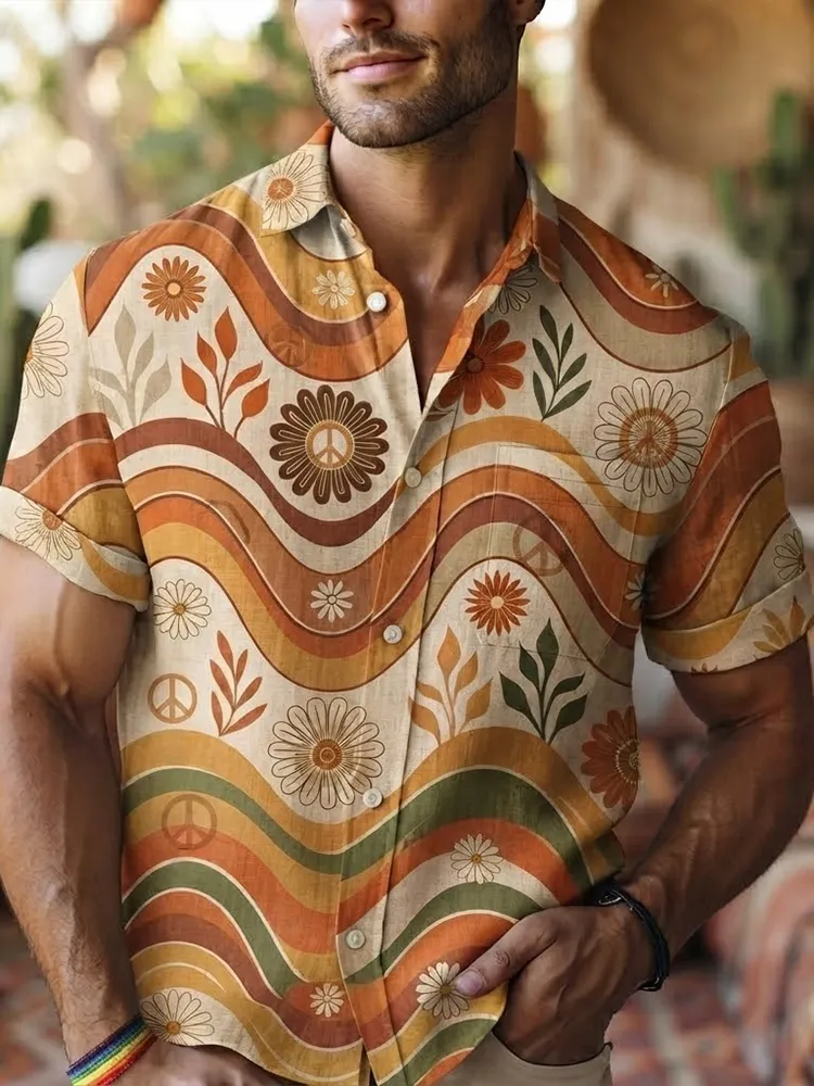 Men's Retro 70s Groovy Wave And Daisy Flower Print Short Sleeve Shirt  artssus