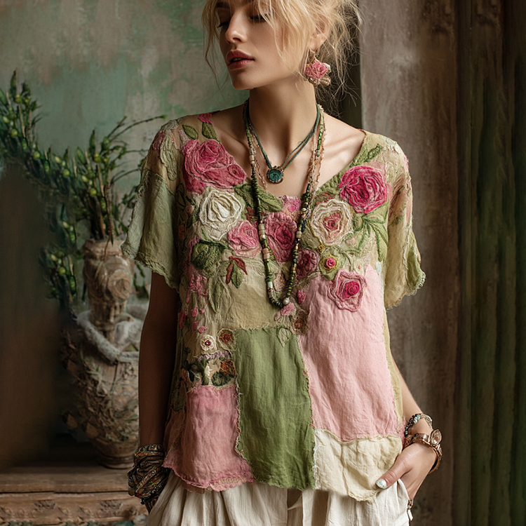 Vintage Pink Roses Patchwork Art Linen Casual Tunic