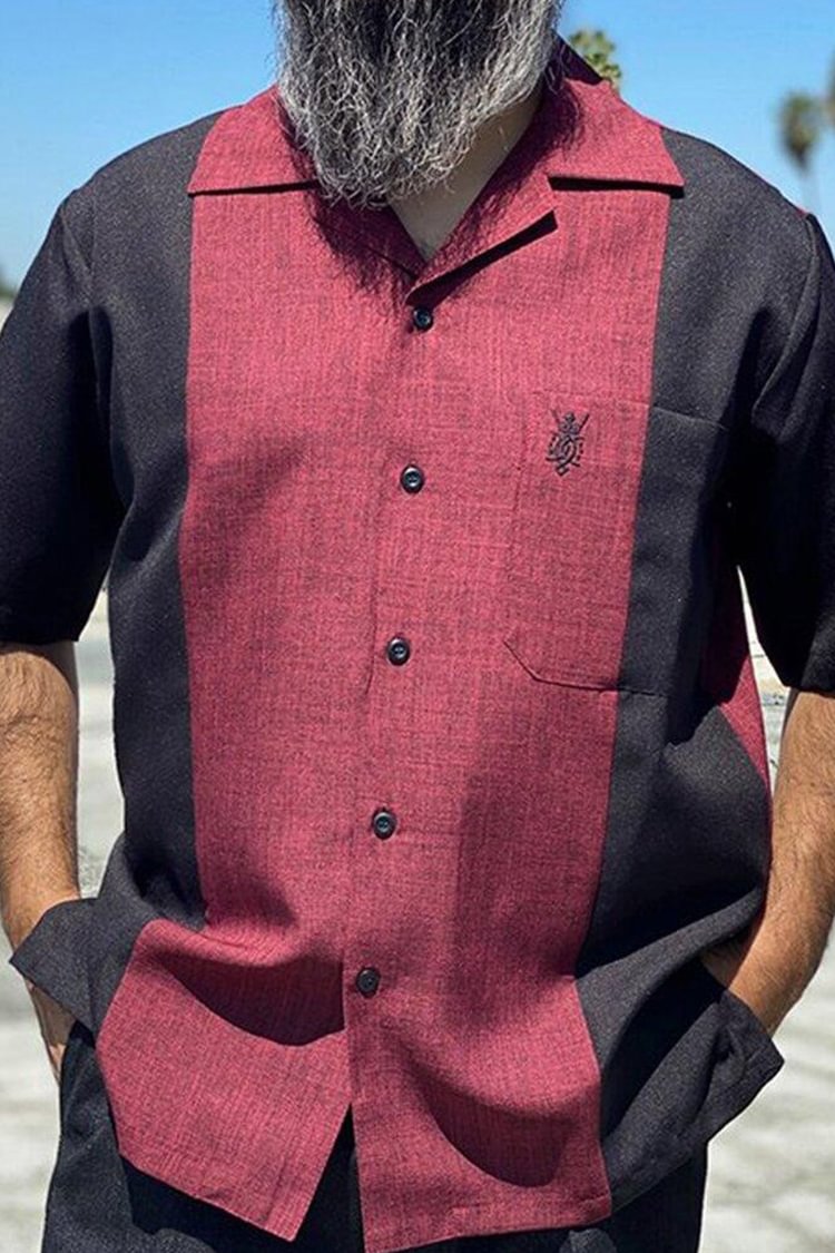 Black And Red Contrast Color Men'S Bowling Shirt