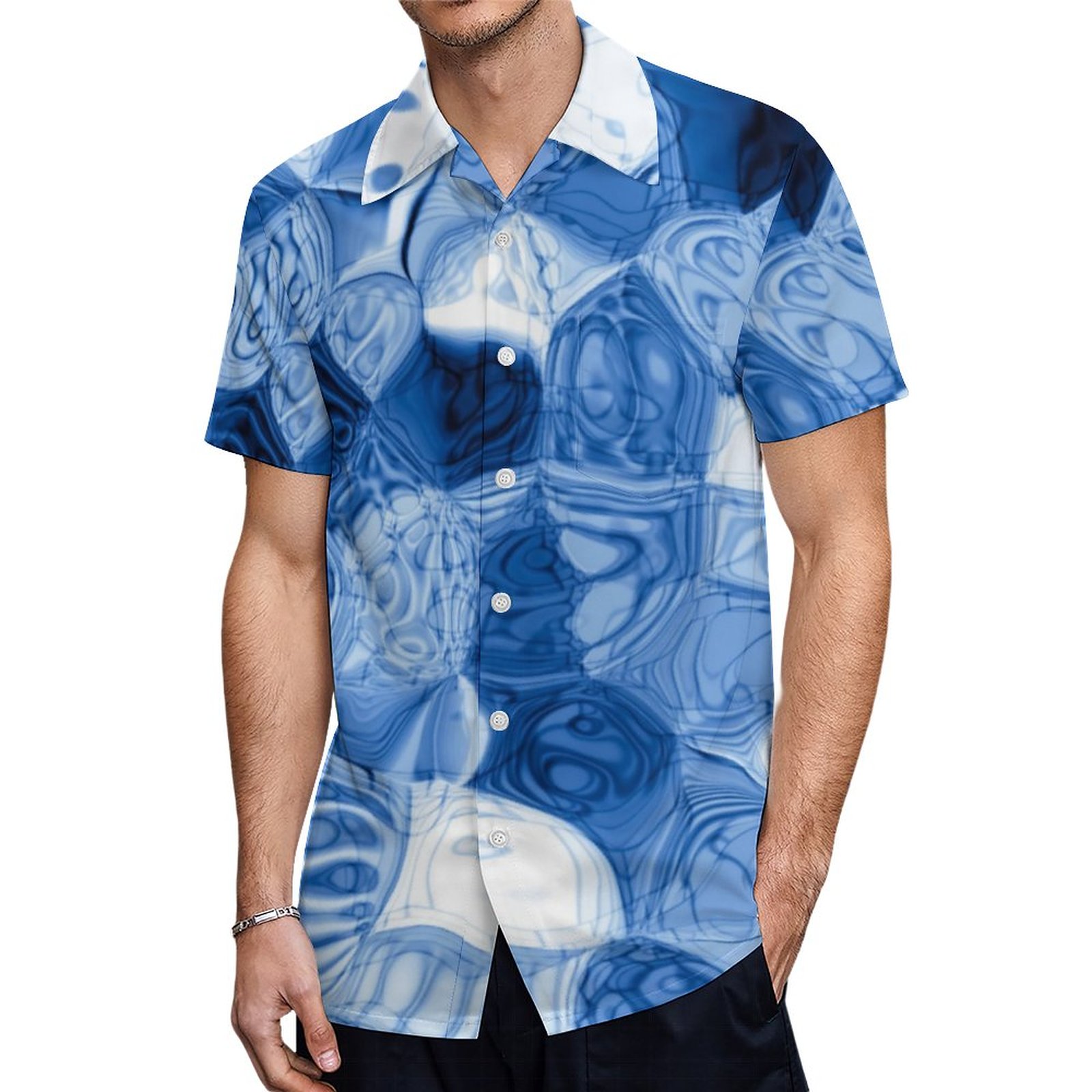 Elegant Blue Abstract Geometrical Shapes Artwork Hawaiian Shirt Mens Button Down Tropical Hawaii Beach Shirts
