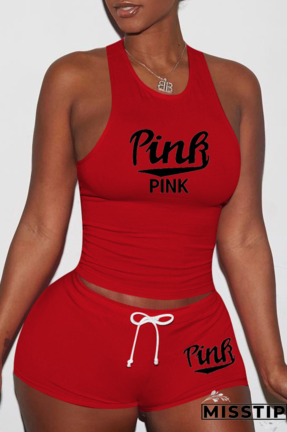 Pink Sexy Print Patchwork U Neck Sleeveless Two Pieces