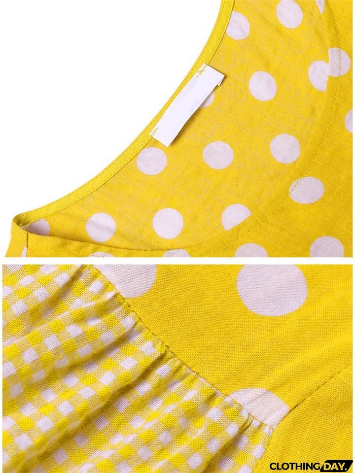 Vintage Style Scoop Neck Polka Dot Long Sleeve Pleated Maxi Dress