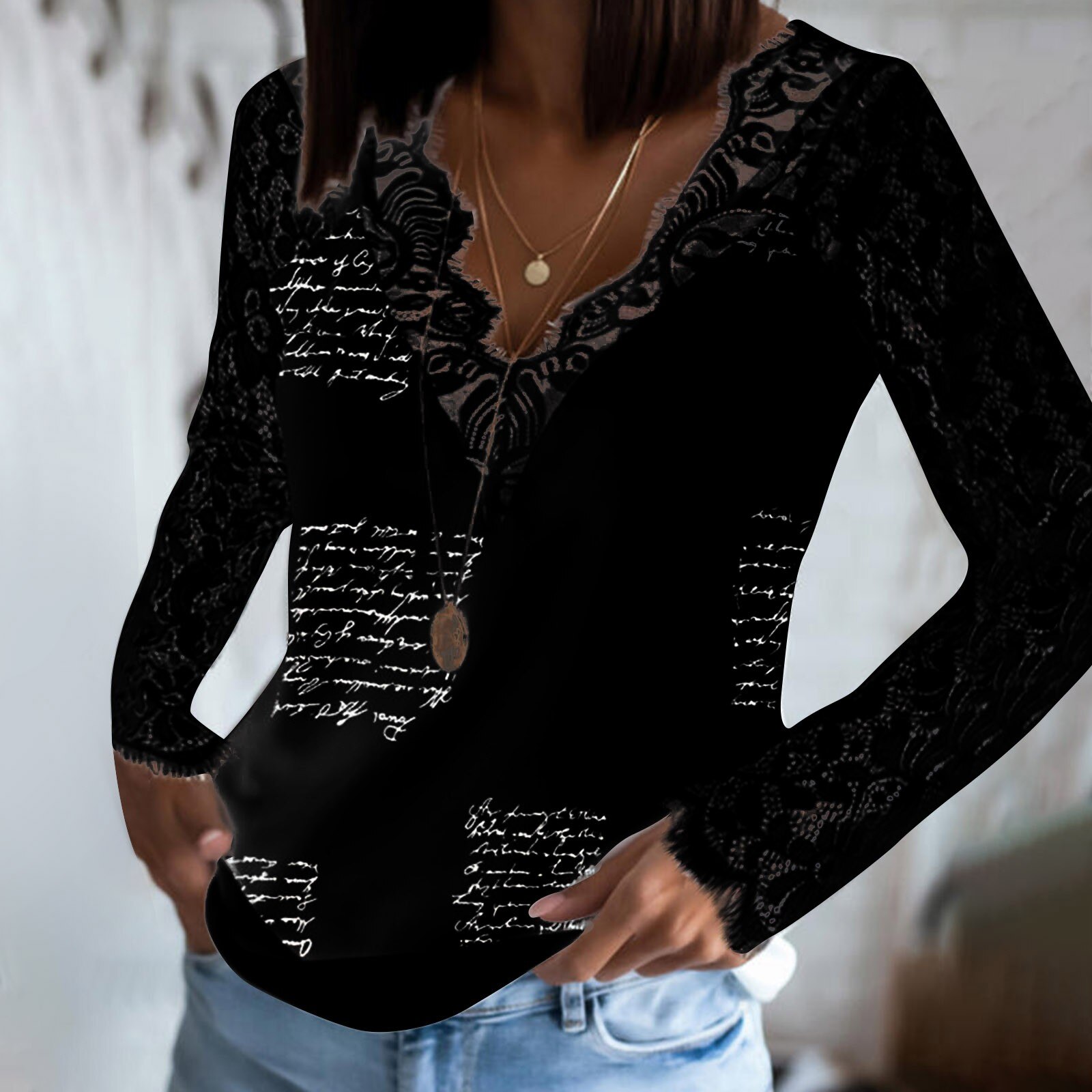 Womens Hollow Out Blouses Sexy Lace Stitching Letter Printing Patchwork Long-sleeved Pullover Top Casual Shirt