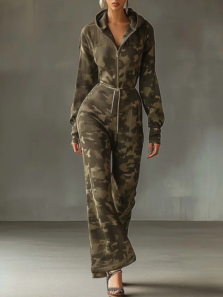 Olive Green Hooded Sweatshirt Jumpsuit With Camouflage