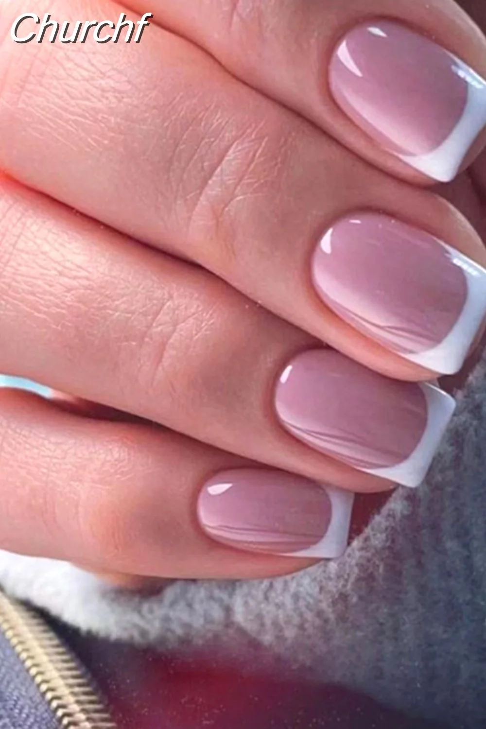 Churchf French White Side False Nails Wearable Rhinestone Desgin Fake Nails Short Simple Nail Full Cover Nail Tips Press On Nails-Nail Inspo