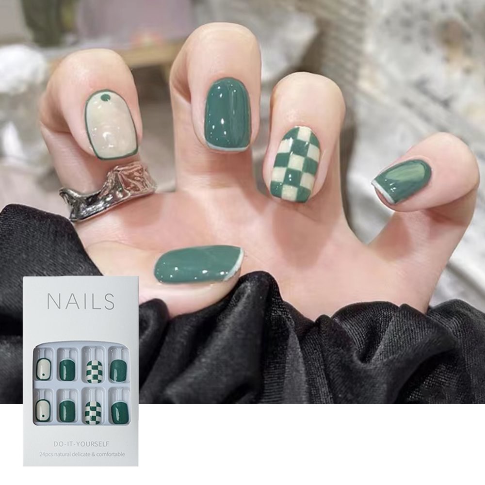 Shecustoms™ 24 Pcs Green French Checkerboard Press On Nails Squoval Long Fake Nail