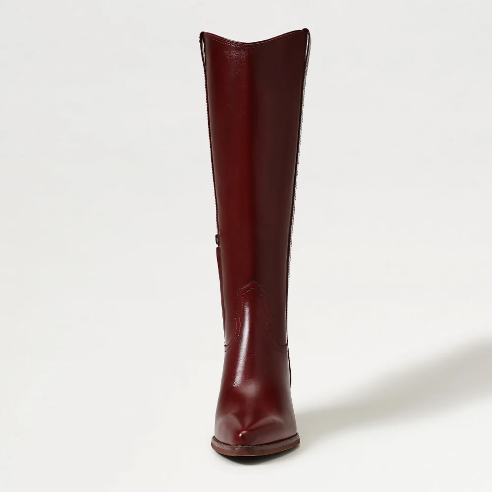 Women's Maroon Mid Block Heel Pointed Toe Western Boots with Zipper