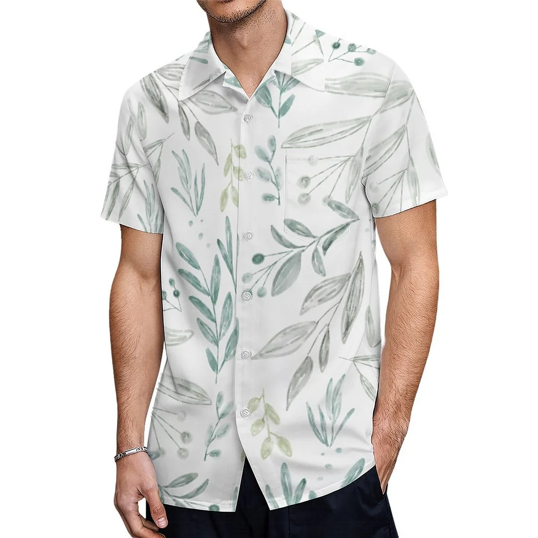 Short Sleeve Greenery Foliage Hand Drawn Hawaiian Shirt Mens Button Down Plus Size Tropical Hawaii Beach Shirts