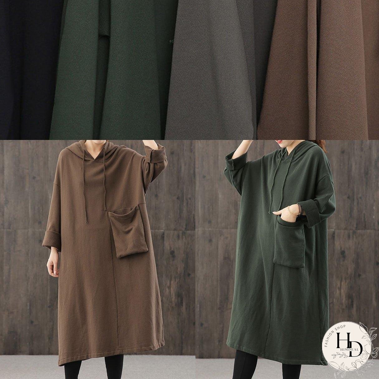 Women hooded pockets fall quilting dresses Wardrobes black loose Dresses