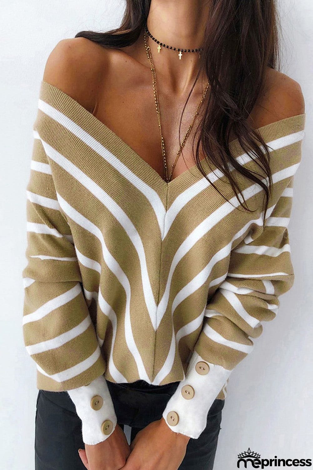 Khaki V Neck Popper Cuff Striped Casual Sweater