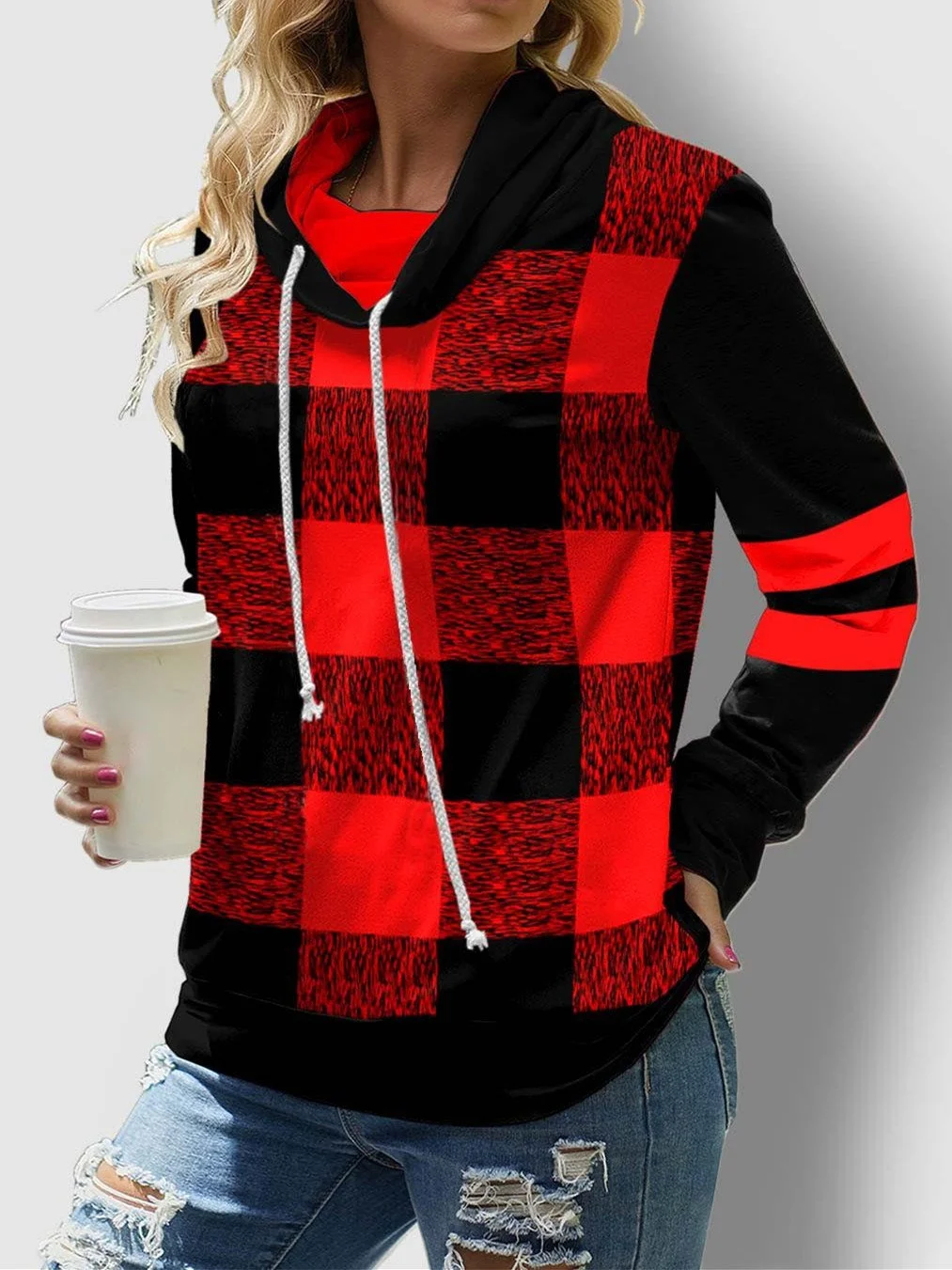 Women Long Sleeve Turtle Neck Plaid Stitching Top