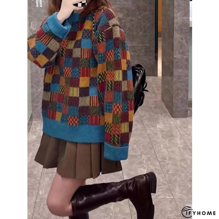 Women's Fashion Vintage Plaid Loose Retro Sweater | IFYHOME