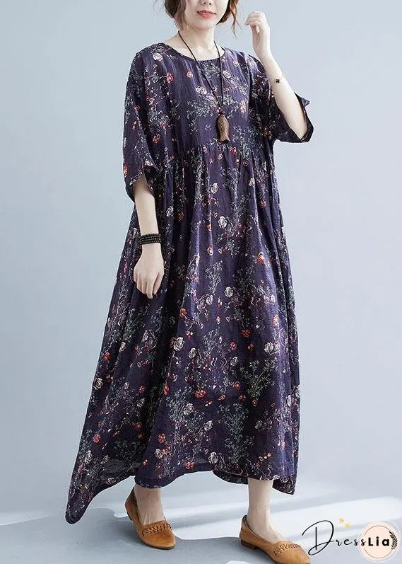 French Navy Print Pockets Loose Summer Half Sleeve Long Dress