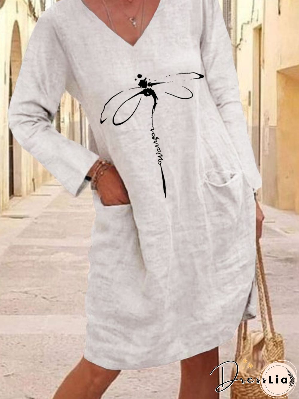 Casual Dragonfly Long Sleeve V Neck Plus Size Printed Dress