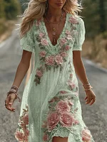 Women's Vintage Floral Embroidery V Neck Casual Midi Dress - Image 6