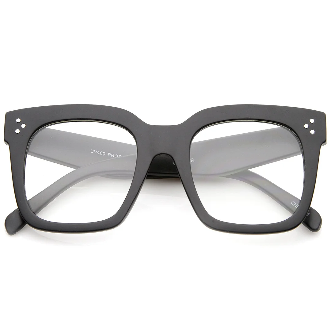 Oversize Wide Temple Flat Lens Horn Rimmed Square Glasses 51mm
