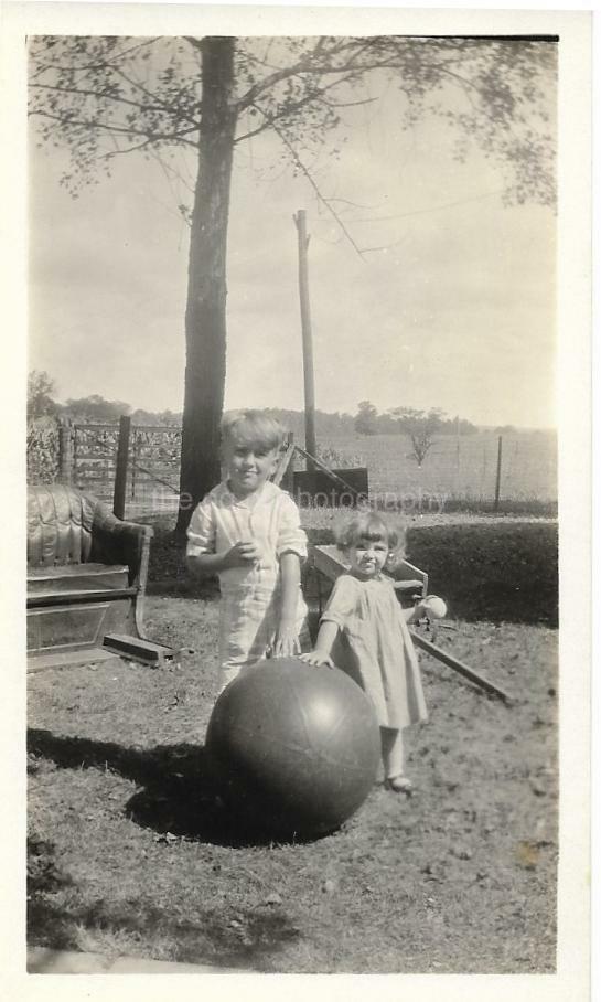 KIDS HAVING A BALL Vintage GIRL Boy FOUND Photo Poster painting bw Original Snapshot 99 8 Y