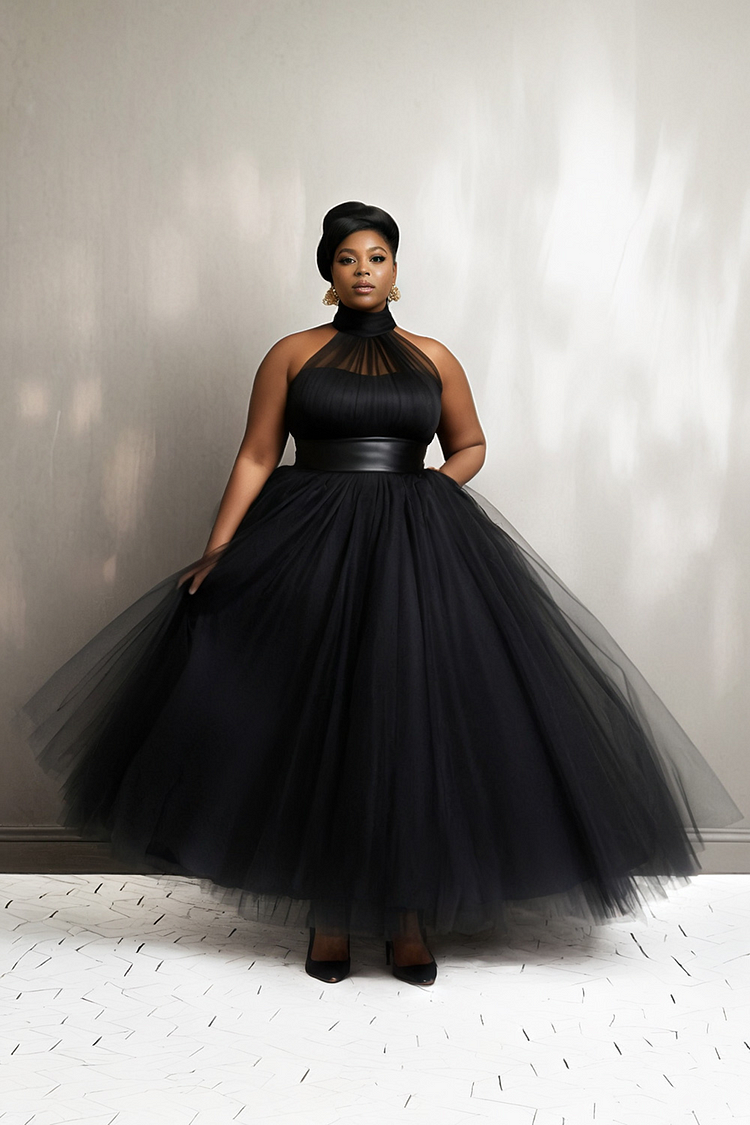 Xpluswear Design Plus Size Wedding Black Halter Collar Tulle Maxi Dresses [Pre-Order]