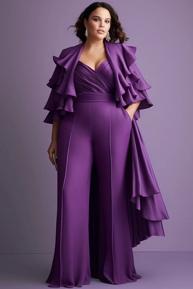 Xpluswear Design Plus Size Mother Of The Bride Elegant Purple Wrap Neck Cape Sleeve 3/4 Sleeve Flounce Pocket Knitted Two Piece Pant Sets