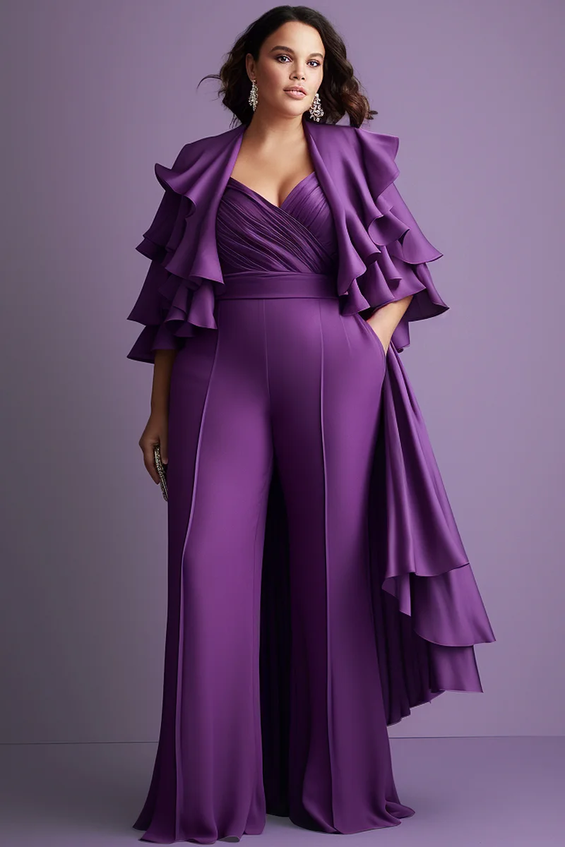 Xpluswear Design Plus Size Semi Formal Pant Sets Elegant Purple Turndown  Collar Long Sleeve Satin Blazer Suit Two Piece Pant Sets With Pocket  [Pre-Order]