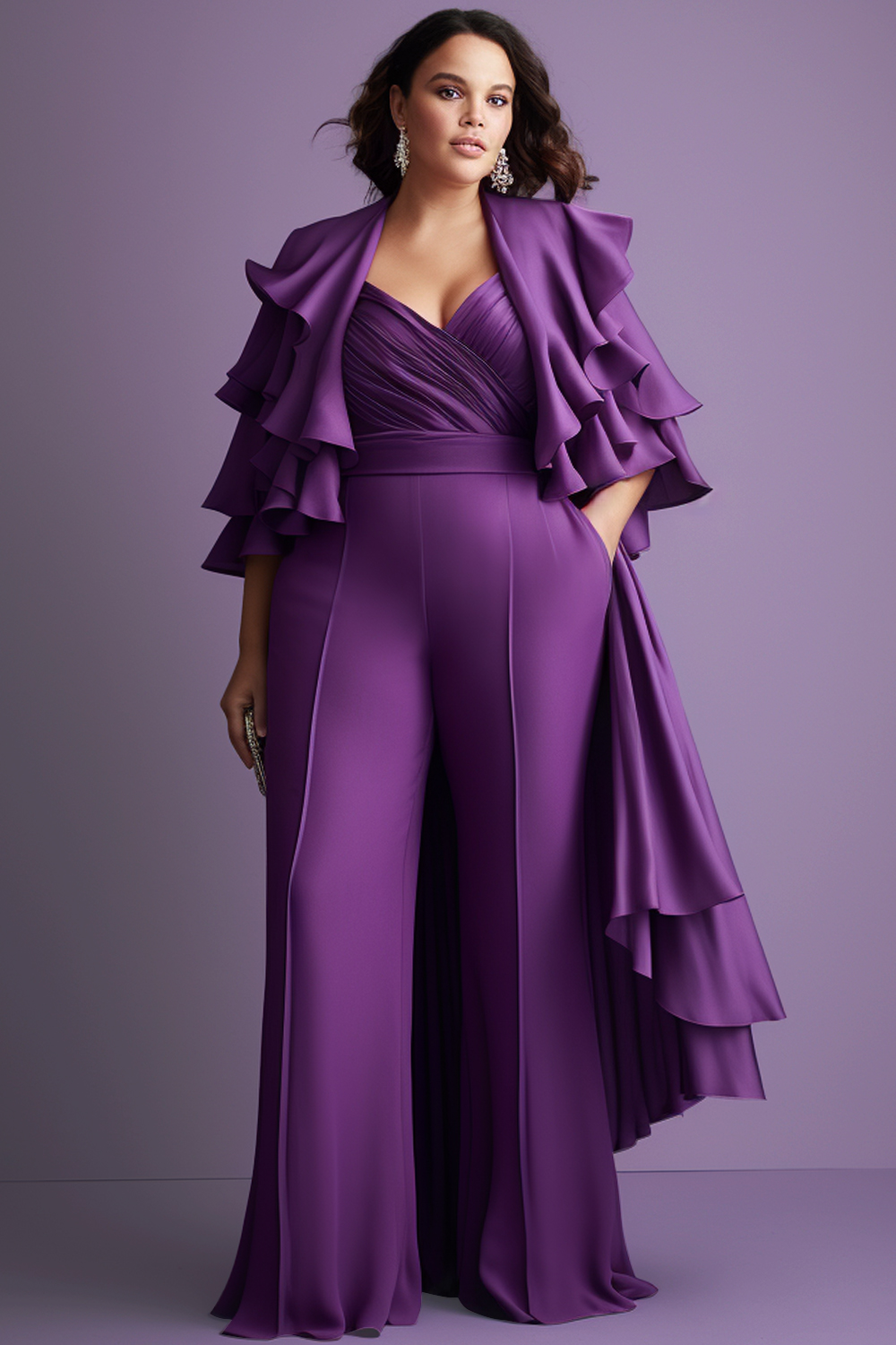 Design Plus Size Mother Of The Bride Elegant Purple Wrap Neck Cape Sleeve 3/4 Sleeve Flounce Pocket Knitted Two Piece Pant Sets [Pre-Order]