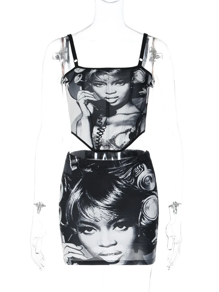 brownm Portret Print Tank Tops Mini Rokken Sets Vrouwen Y2K Zomer Kleding Sexy Party Club Tweedelige Bijpassende Outfits Streetwear