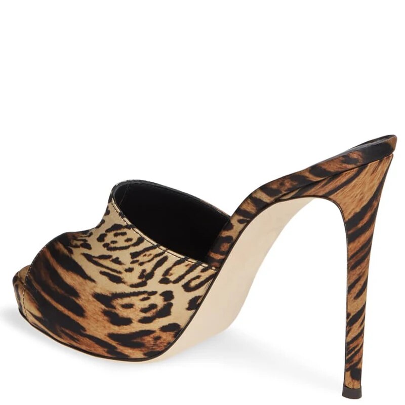 TAAFO Brown Leopard Print Stilettos Platform Sandals Woman High Thin Heels Slides Ladies Dress Shoes 
