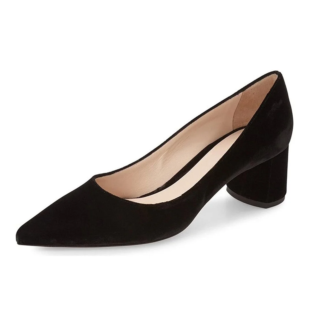 Black Velvet Pointed Toe Office Pumps with Block Heel for Women