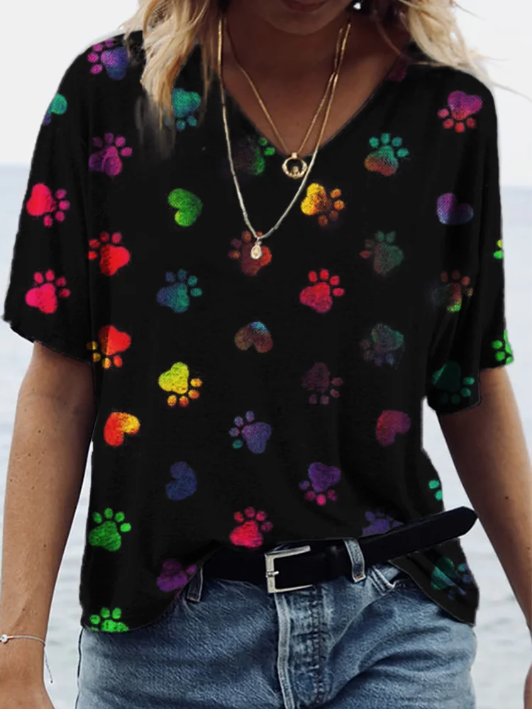 Rainbow Gradient Paw Prints & Hearts V Neck T Shirt