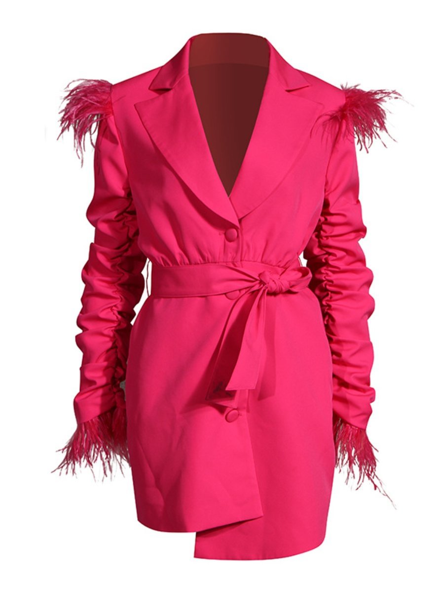 Party Dress Feather Lapel Collar Ruched Belted Blazer Dress
