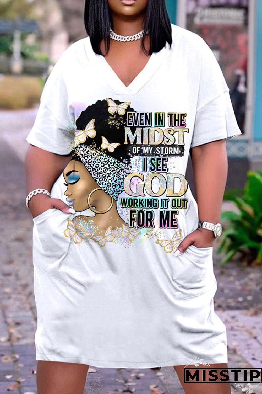 Multi-color Fashion Casual Print Patchwork V Neck Short Sleeve Dress