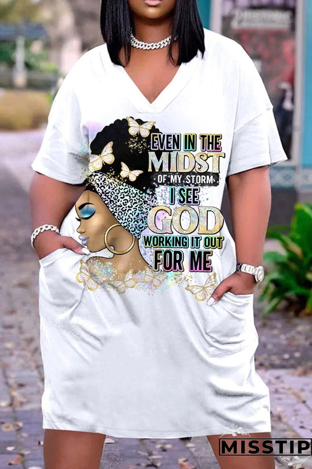 Multi-color Fashion Casual Print Patchwork V Neck Short Sleeve Dress