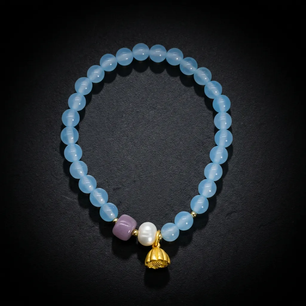 JiStones Serene Aquamarine & Freshwater Pearl Lotus Bracelet Ethereal Blue & Golden Lotus