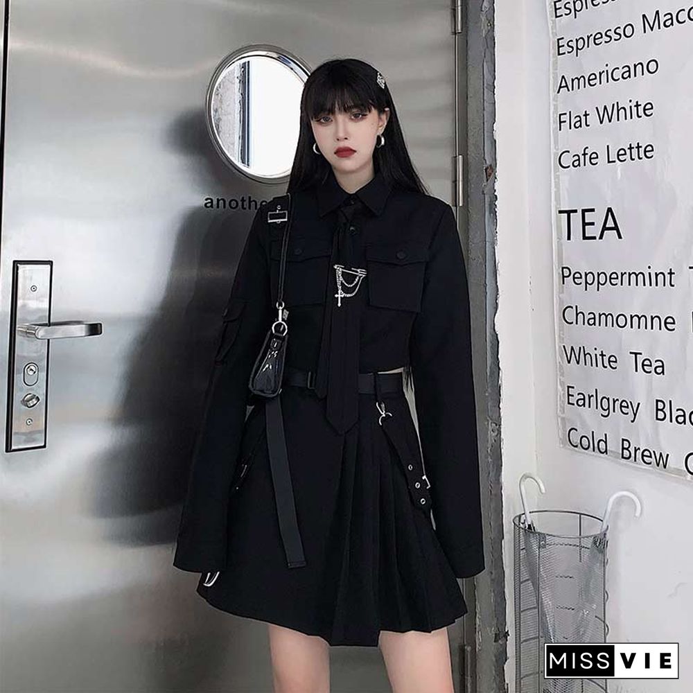 Cool Pocket Shirt Pleated Skirt Tie Set