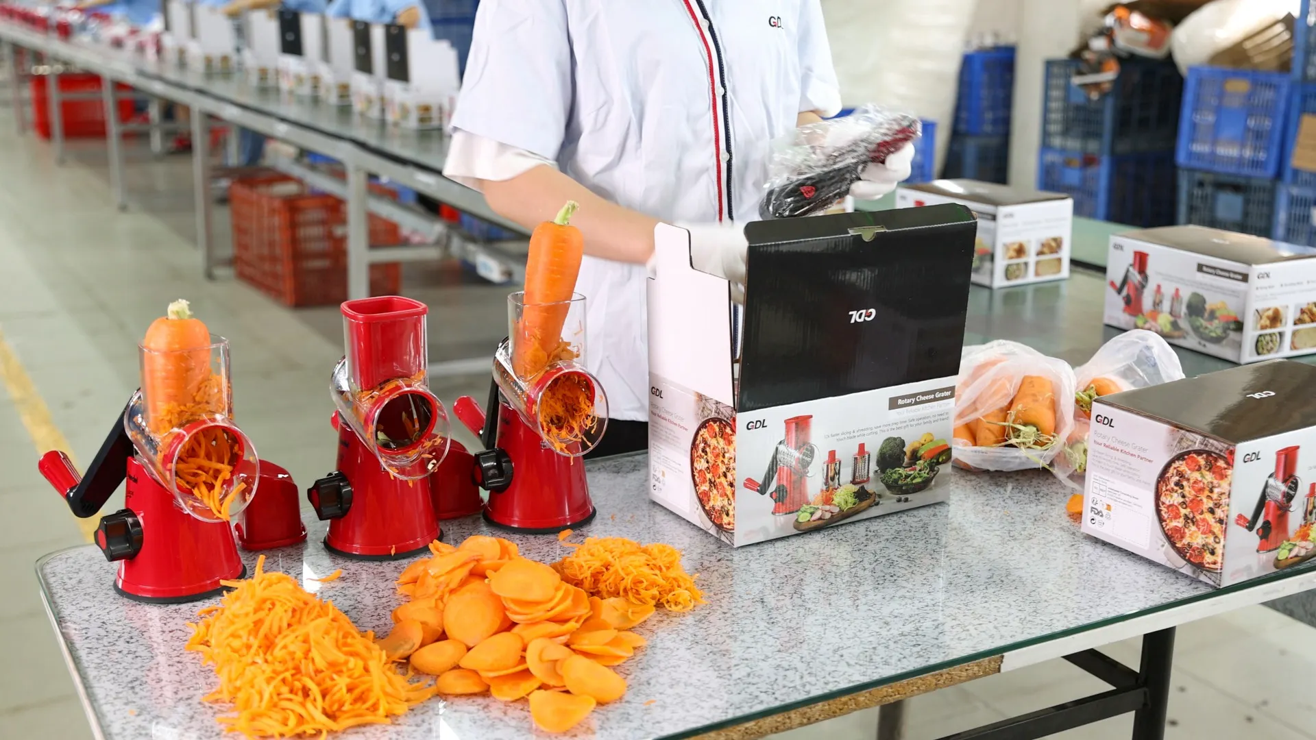 Rotary graters and carrot cutting results during practical product testing at GDL